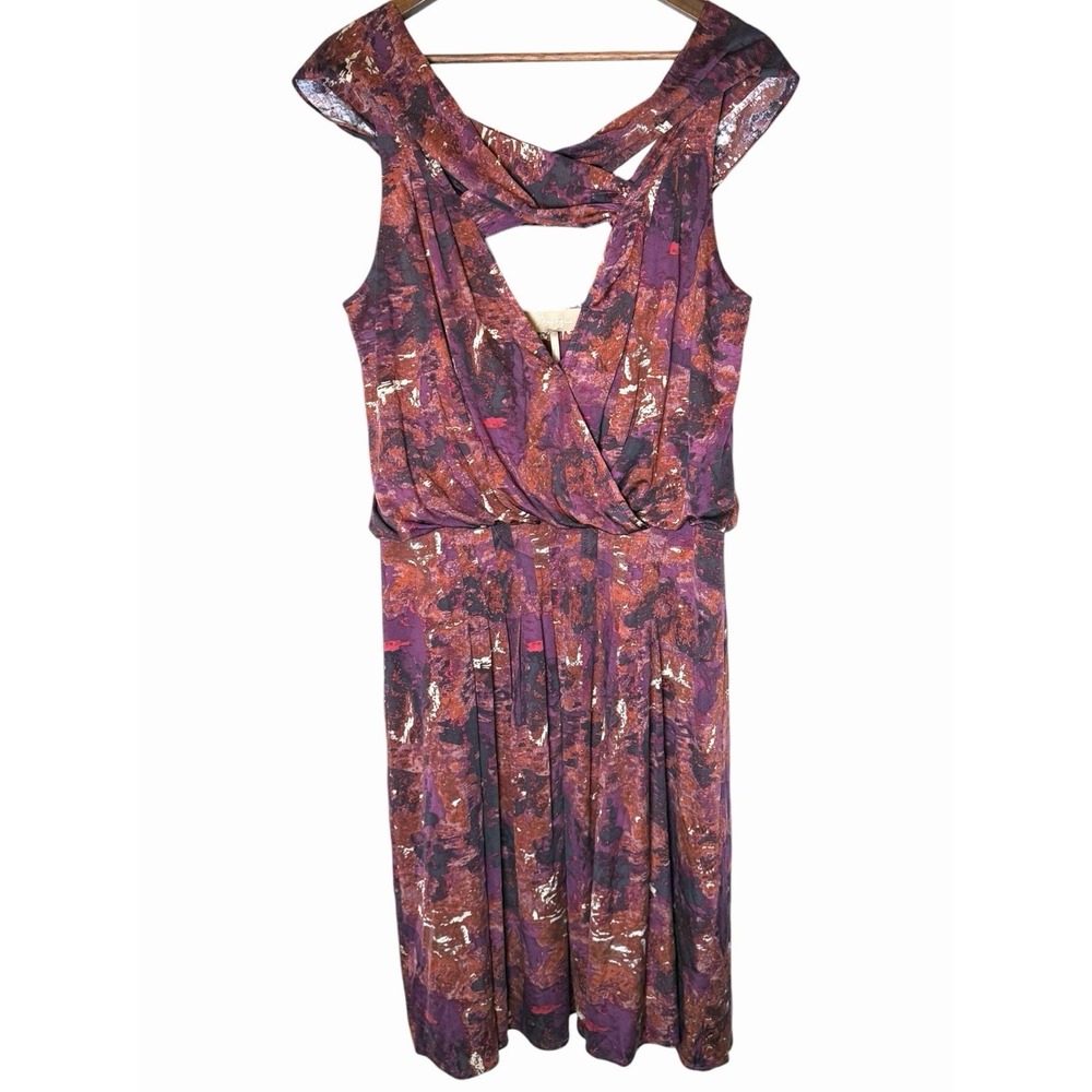 Max Azria Silk Abstract Print Cocktail Dress Plum Rust Criss Cross Back Size M